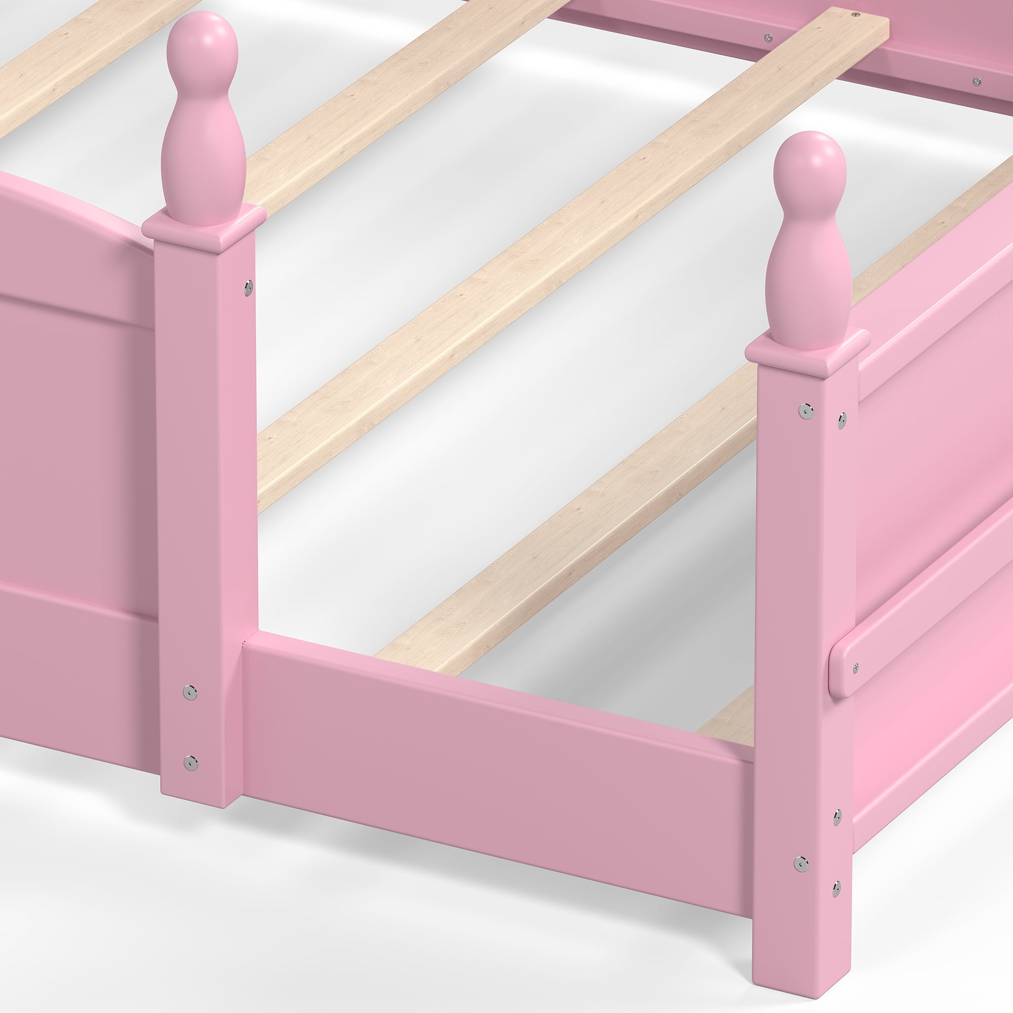Montessori Full Floor Bed with Full-Length Guardrails and Bookshelf, Low Profile Kids Bed with Childlike Design, Pink