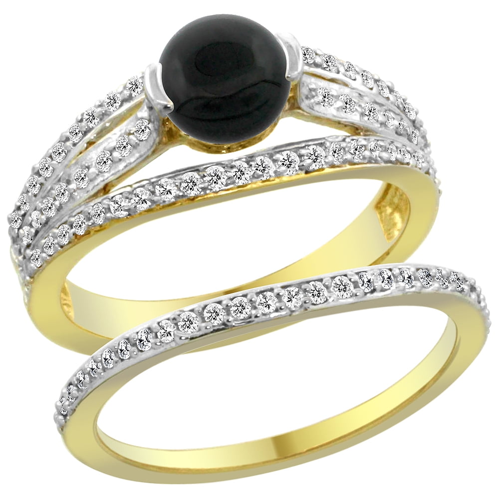14K Yellow Gold Natural Black Onyx 2-piece Engagement Ring Set Round 6mm, size 5.5 by Gabriella Gold