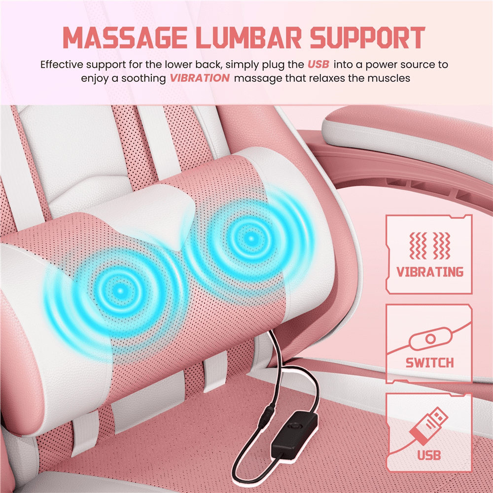 Alden Design Ergonomic High Back Gaming Chair with Massage Lumbar Pillow, Pink/White