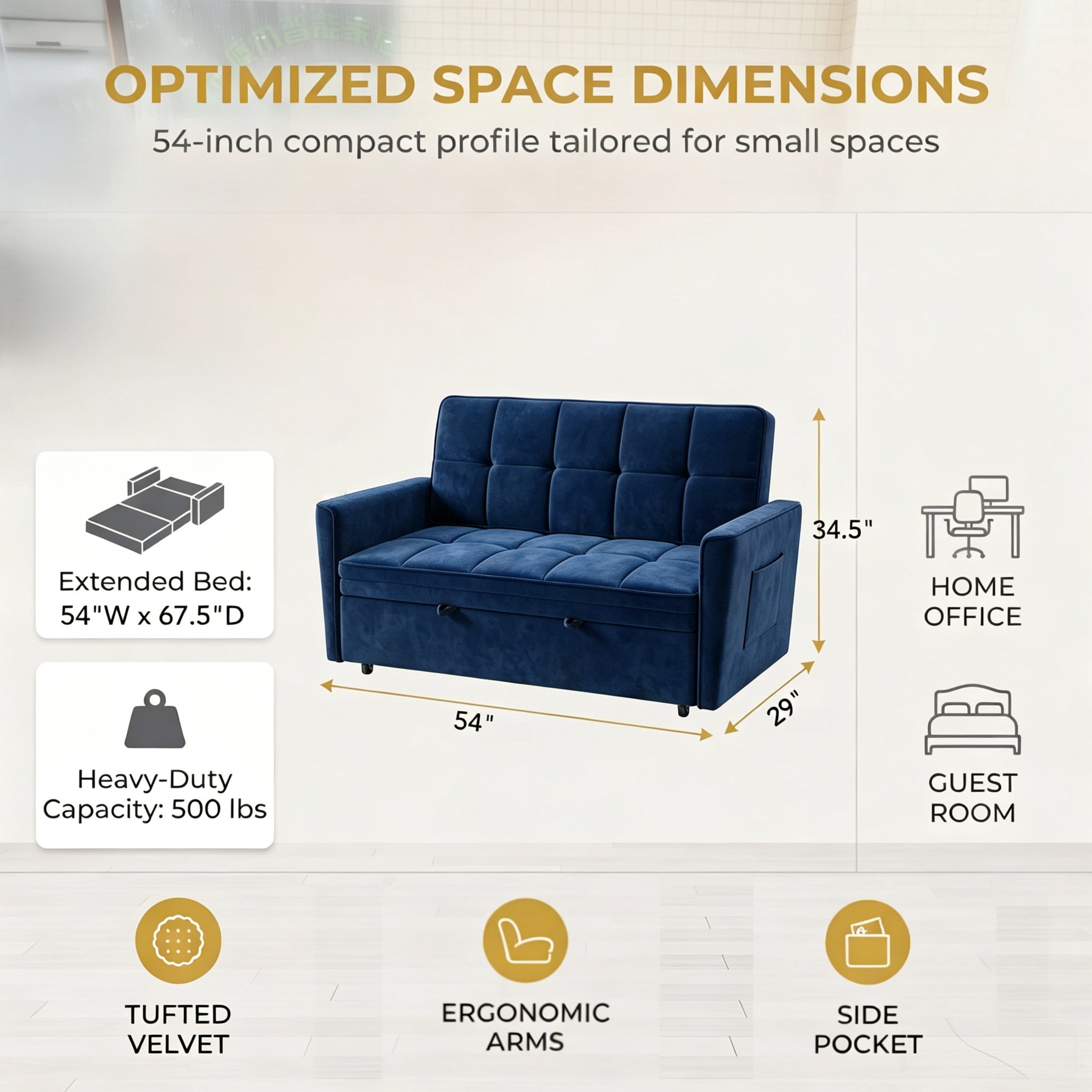 54" Convertible Sleeper Sofa Bed, Modern Velvet 3-in-1 Pull Out Loveseat Couch with 5-Position Backrest & Side Storage Pocket for Living Room, Blue