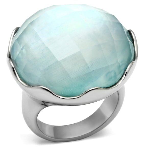 High polished (no plating) Stainless Steel Ring with Synthetic Synthetic Glass in Sea Blue for Women Sea Blue Stone Color Style TK637 Size 10