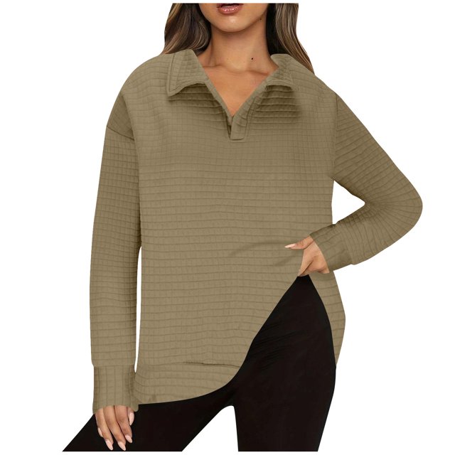 Timegard Tops for Women Lapel V Neck Drop Shoulder Blouse Fall Casual Solid Color Long Sleeve Tops