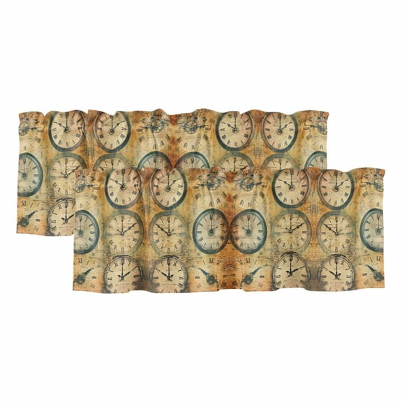 2 Pack Retro Clocks Valance for Window Hand Painted Vintage Kitchen Valance Rod Pocket Short Curtain Topper Decorative Window Treatment for Living Room Bedroom 42"x18"