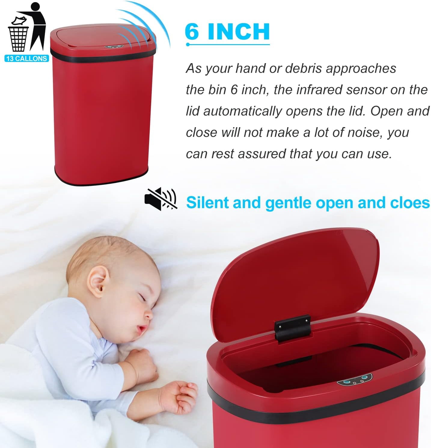 BIQWBIC 13 Gallon Automatic Trash Can, Touchless Stainless Steel Kitchen Garbage Can, Red