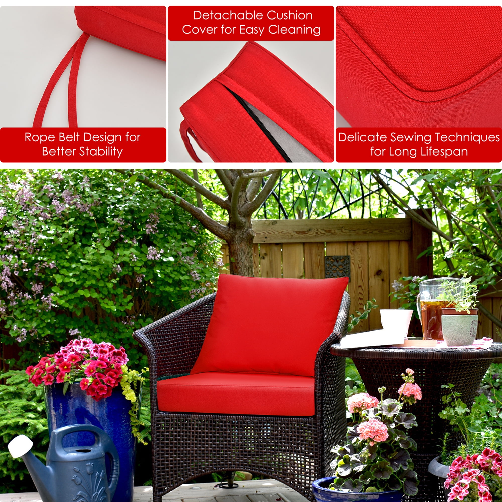 Gymax 2PCS Deep Seat Chair Cushion Pads Set Indoor Outdoor W/ Rope Belts Red