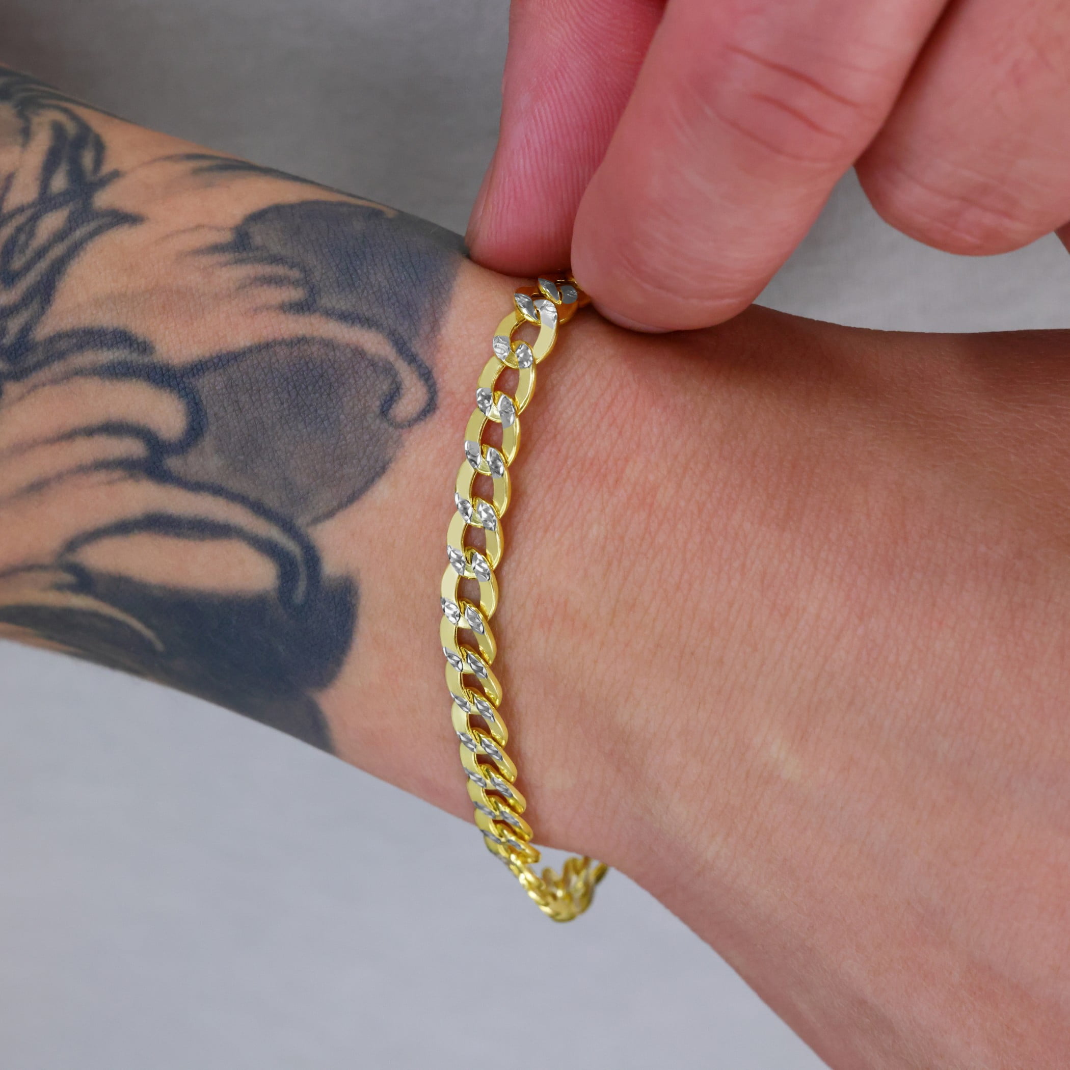 Nuragold 14k Real Yellow Gold Cuban Curb Link 6.5mm Diamond Cut Pave Chain Bracelet (7"-9") Two Tone Italian Jewelry for Men