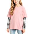 thumbnail image 2 of T Shirts for Girls Casual Solid Color Crewneck Faux Layered Long Sleeve Striped Tops 2 in 1 Loose Fit Fashion Wear, 2 of 5