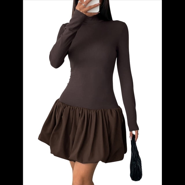 Vestido Mini de Larga con para Mujer, Ajustado, con Cuello Alto, Informal, para Cóctel o Fiesta Marrón M