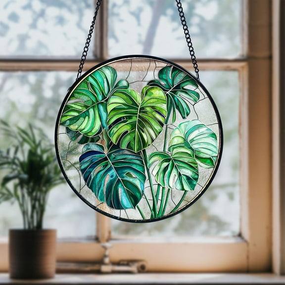 Monstera Plant Stained Glass Suncatcher Window Hanging Art Garden and Indoor Greenery Decor Gift