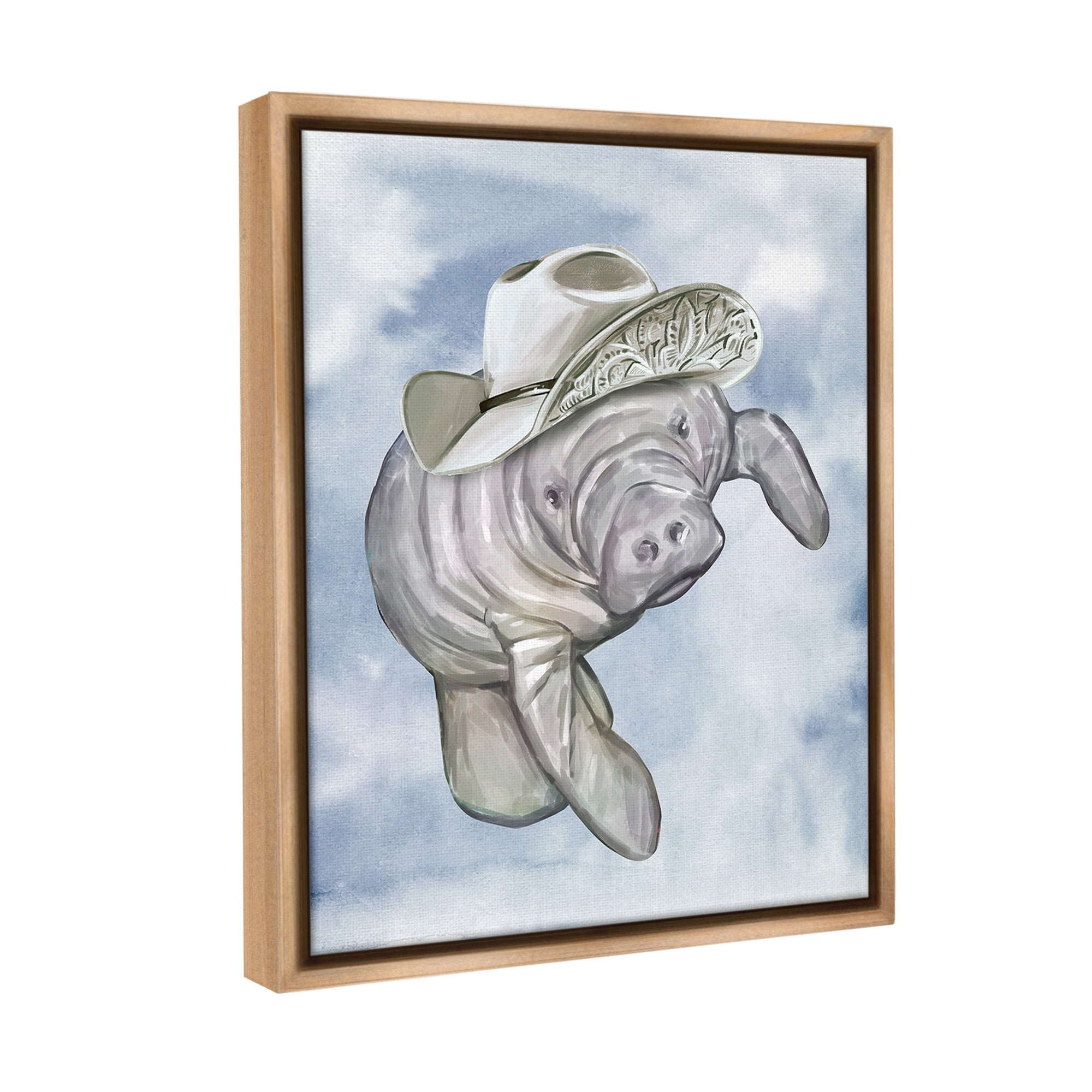 Stupell Industries Manatee with Stylish Hat Animals & Insects Painting Brown Floater Framed Canvas Art Print Wall Art, 17 x 21