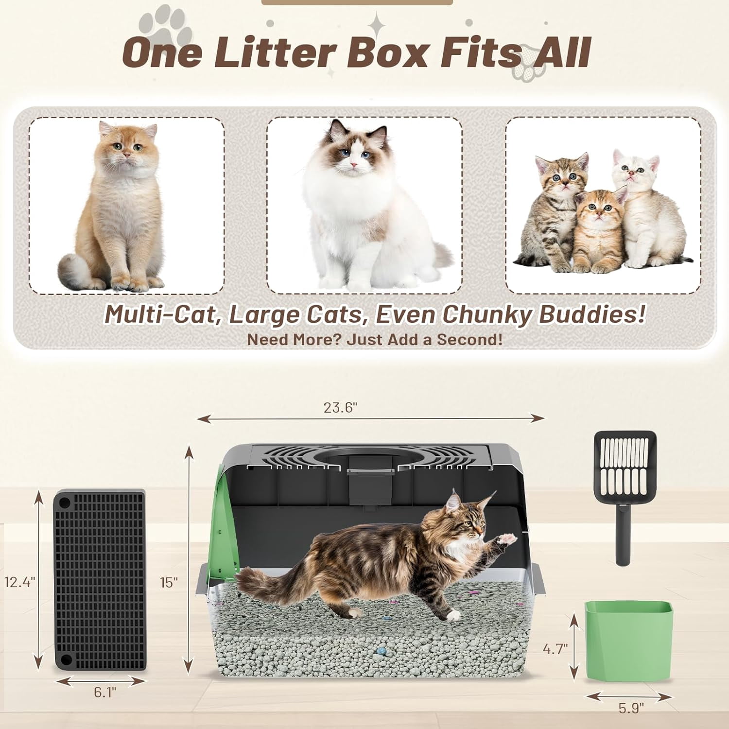 YODOLLA Extra Large Enclosed Stainless Steel Cat Litter Box with Lid, Front Dual-Door and Top Exit Metal Kitty Pan Box for Big Cats, w/ Poop Scoop,Box Step, Waste Bin & Trash Bags in Black