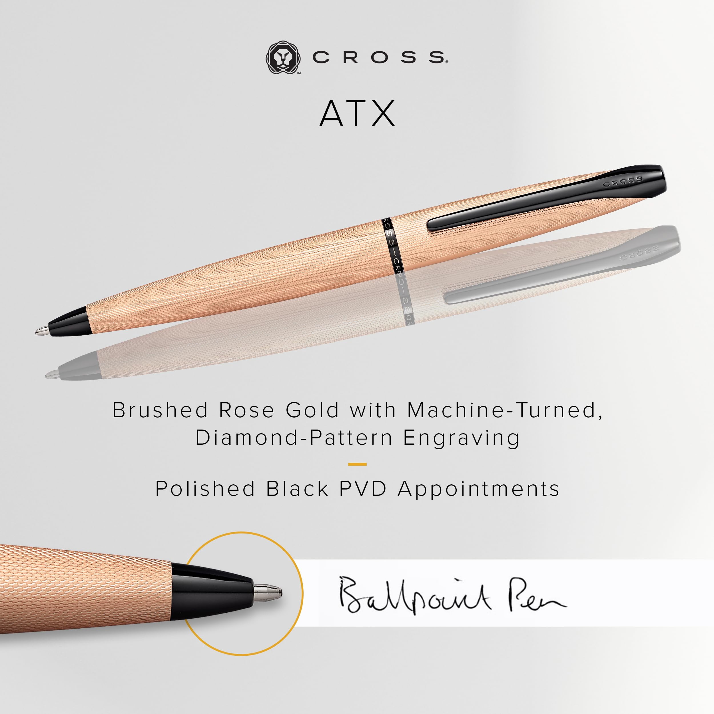 Cross ATX Brushed Rose Gold with Machine-Turned, Diamond-Pattern Engraving with Polished Black PVD Appointments Ballpoint Pen