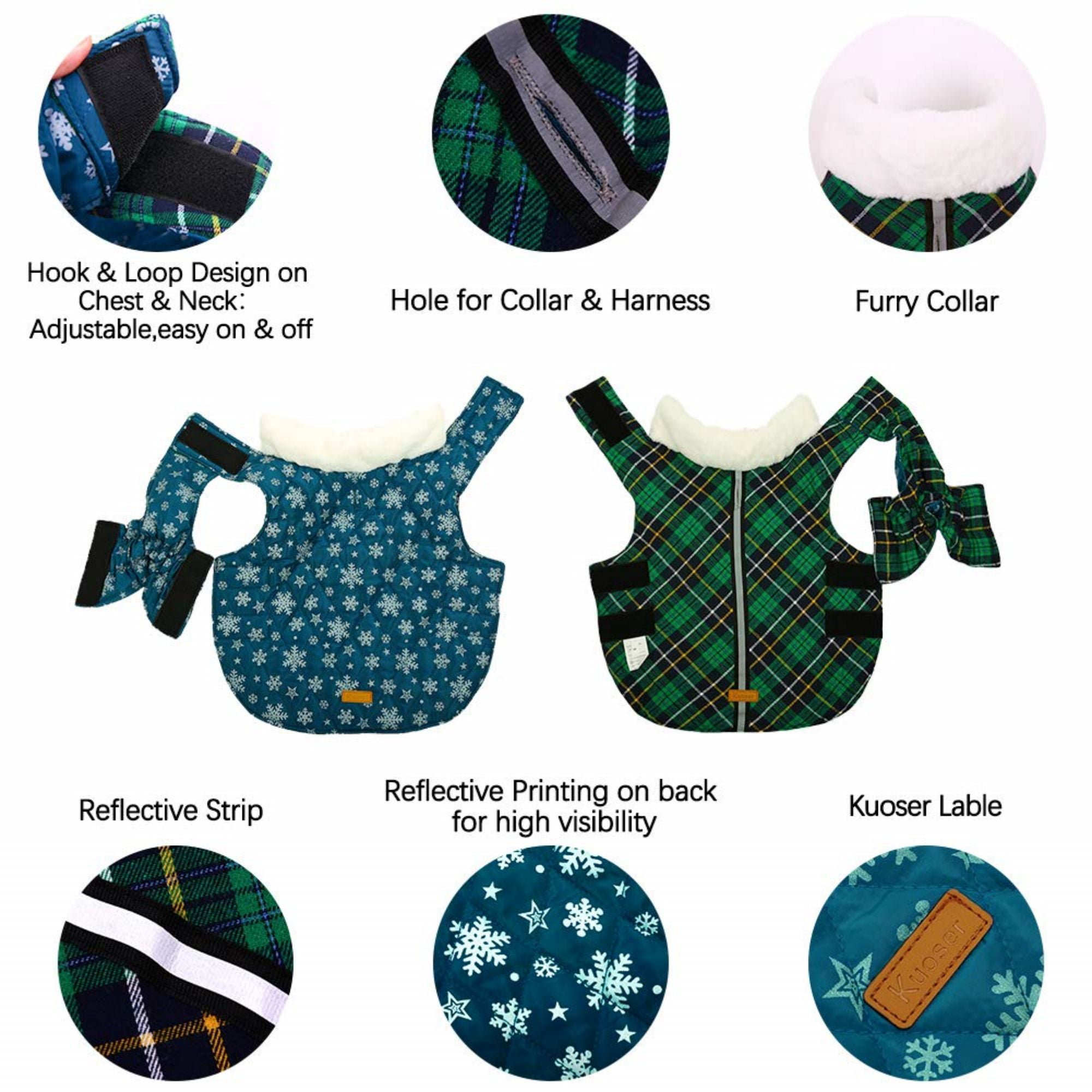 Kuoser Christmas Dog Coat, Warm Reversible Dog Winter Coat, Reflective Waterproof Dog Snow Jacket Dog Clothes Vest for Small Medium Large Dogs