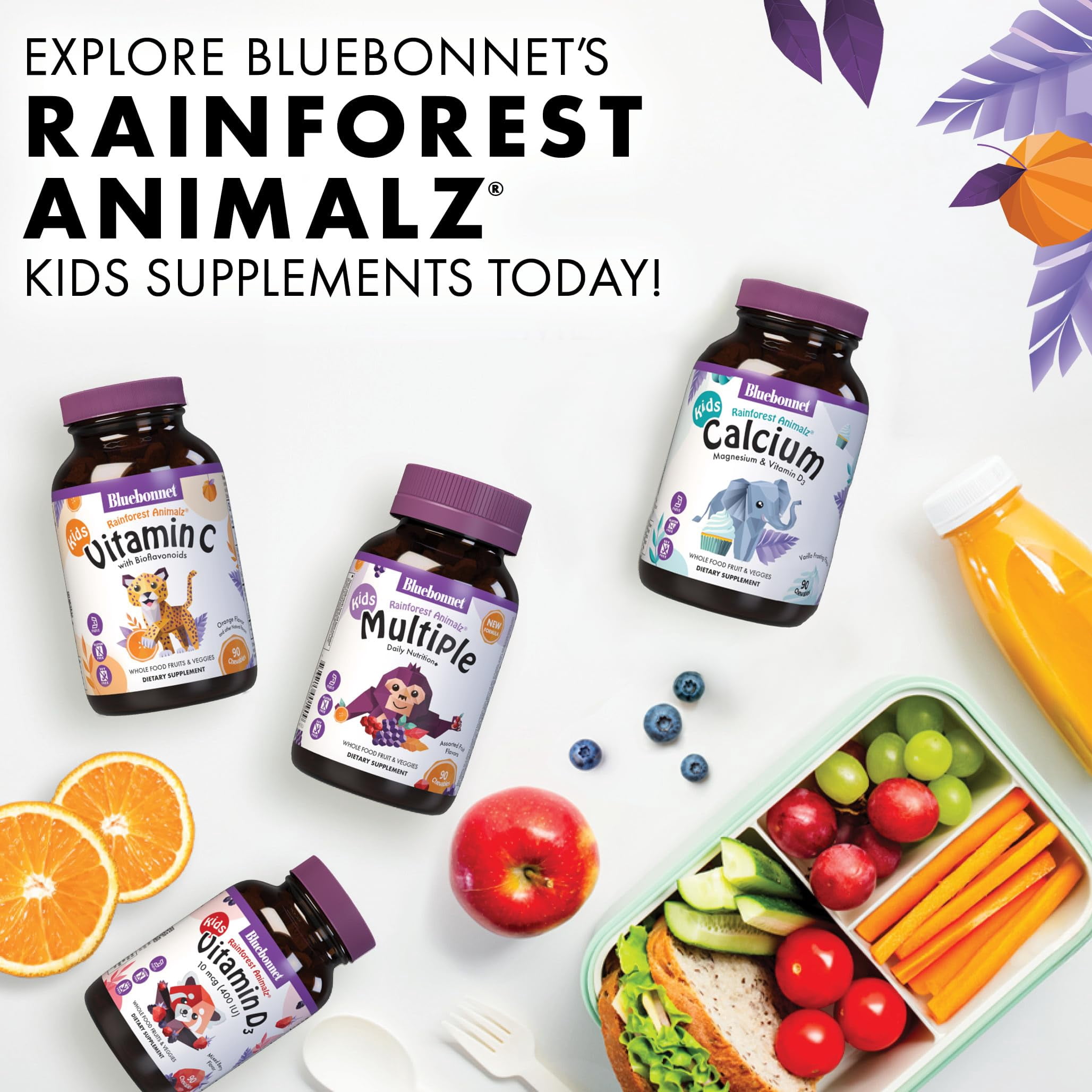 Bluebonnet Rainforest Animalz Kids Chewable Multivitamins, Vitamin C, D3, Iron, 180 Days