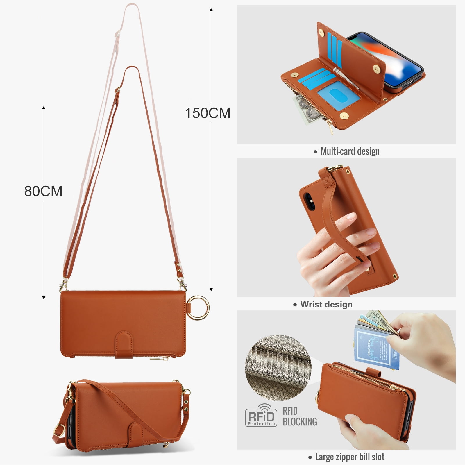 ELEHOLD For iPhone XS/X Phone Case Leather Crossbody Zipper Card Wallet Flip Case Kickstand Cover, with Ring Holder,Full Body Protection-Brown