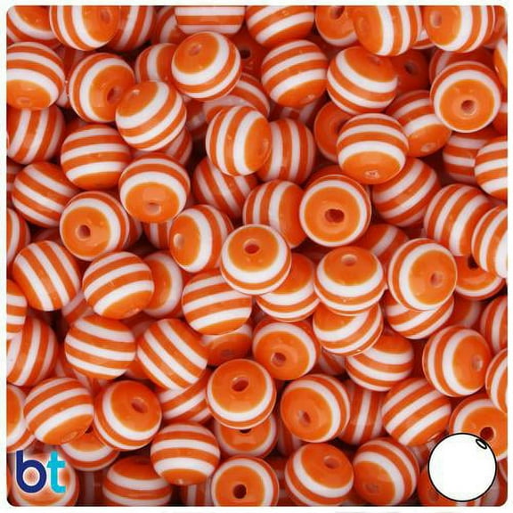 BeadTin Orange & White Striped 10mm Round Resin Beads (75pcs)