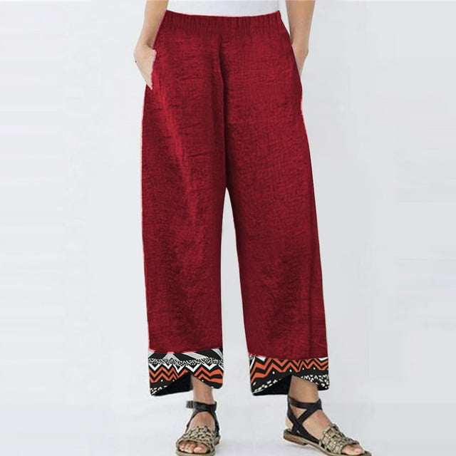 Pantalones anchos de las mujeres de la vendimia Pantalones con estampado de geometría Cintura e Abanopi Pantalones de lino de algodón