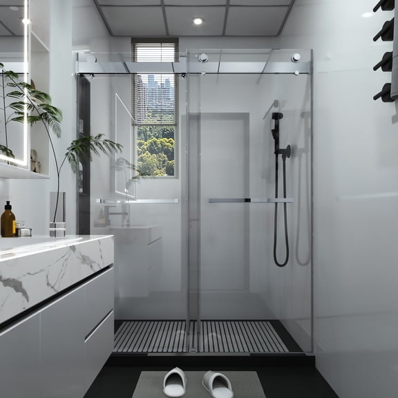 56-60 inches W * 76 inches H Frameless Double Sliding Soft-Close Shower Door in Chrome, 3/8 inches (10mm) Thick SGCC Tempered Glass Door