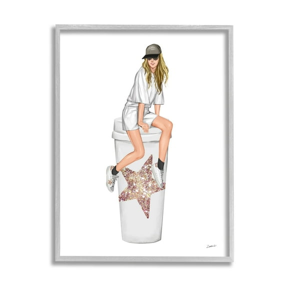 Stupell Industries Trendy Fashionable Girl Coffee Cup Beauty & Fashion Painting Gray Framed Art Print Wall Art