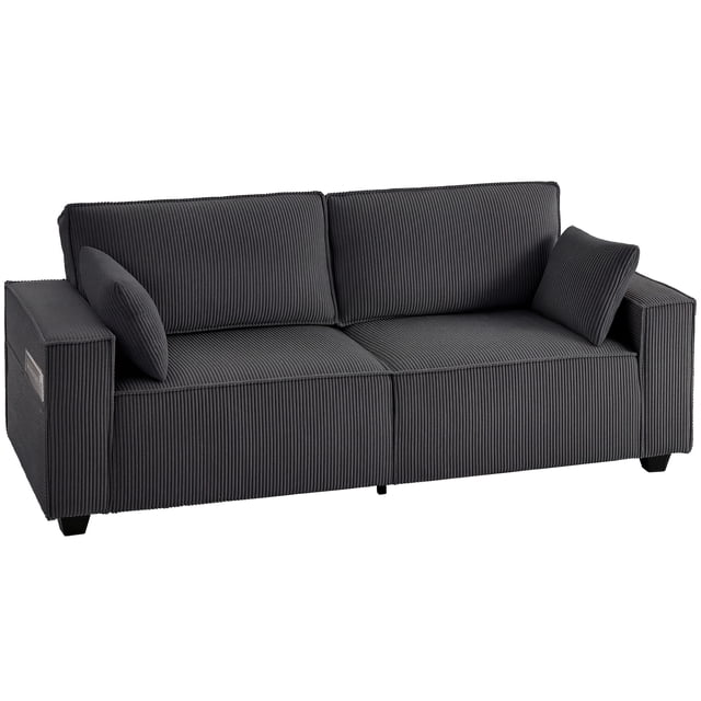 HOMCOM 86" 3 Seater Sofa, Corduroy Couch with Spring Cushion, Dark Grey