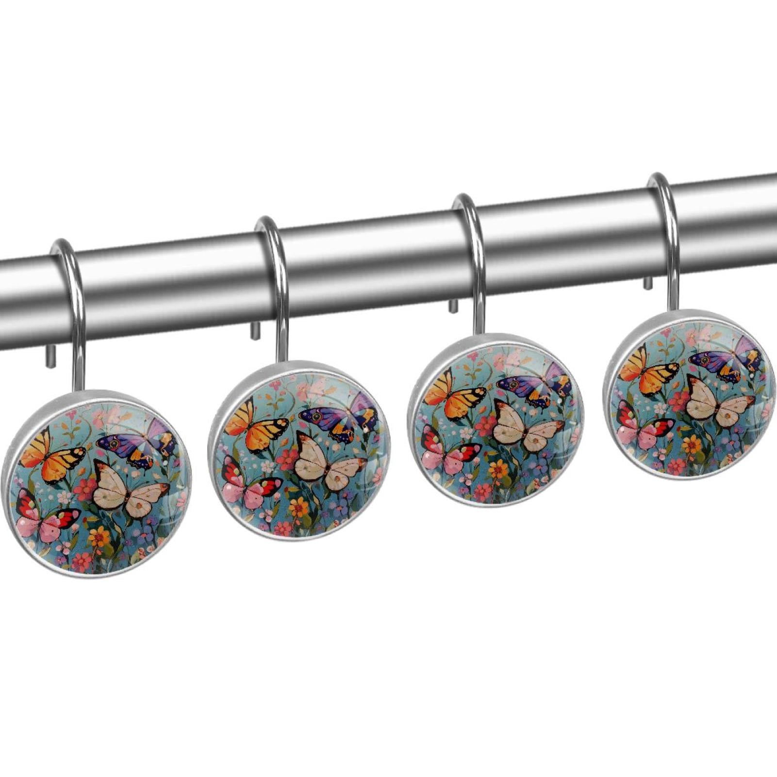 Wildflowers Butterfly Painting Shower Curtain Hooks Round Crystal Glass, Set of 12 Shower Curtain Rings - Shower Hooks for Curtain Shower Rings