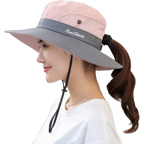 Sombrero de sol con cola de caballo para mujer, protección UV, plegable, de malla, ala ancha, para pesca en la playa$Sombreros de sol con ala ancha con protección UV para mujer, gorra con