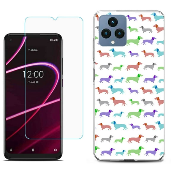 Slim-Fit Gel TPU Fashion Phone Case for T-Mobile Revvl 6 5G, with Tempered Glass Screen Protector, by OneToughShield ® - Colorful Dachshund/Puppy