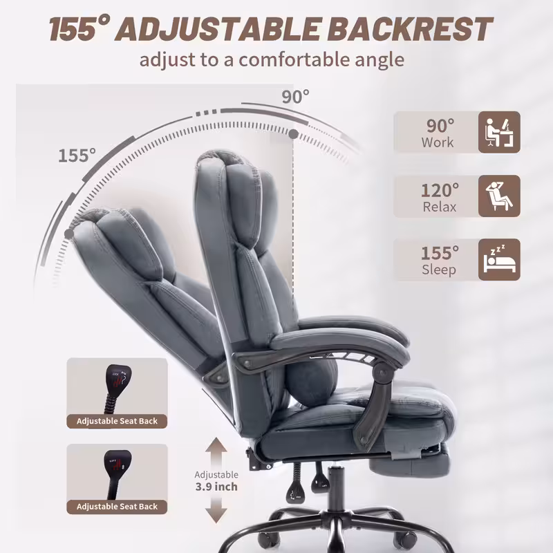 Qusaphy Heavy Duty 600 LBS Executive Office Chair, Breathable Fabric Big and Tall Computer Chair with Memory Foam Spring Cushion, 155° Recline Ergonomic Desk Chair with Lumbar Support