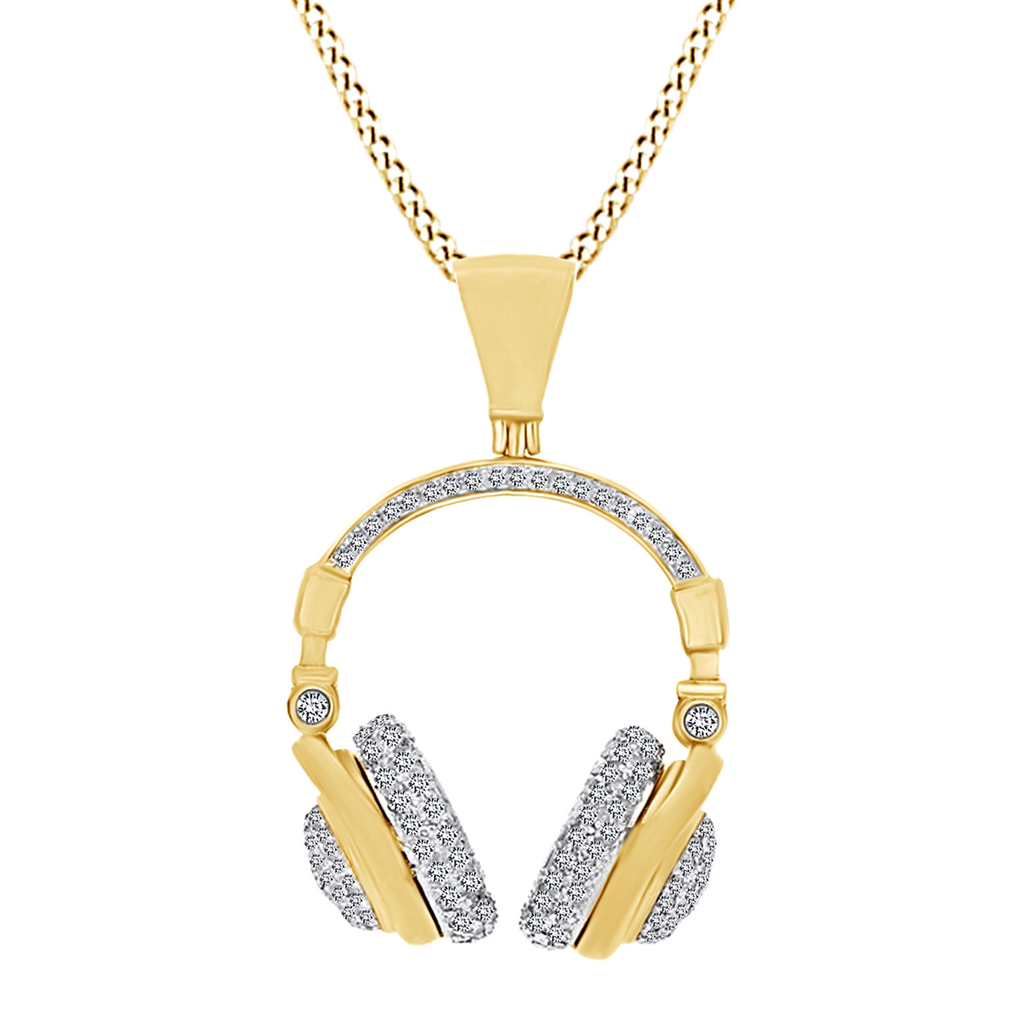 Round White Natural Diamond Headphone Pendant Necklace 10k Solid Yellow