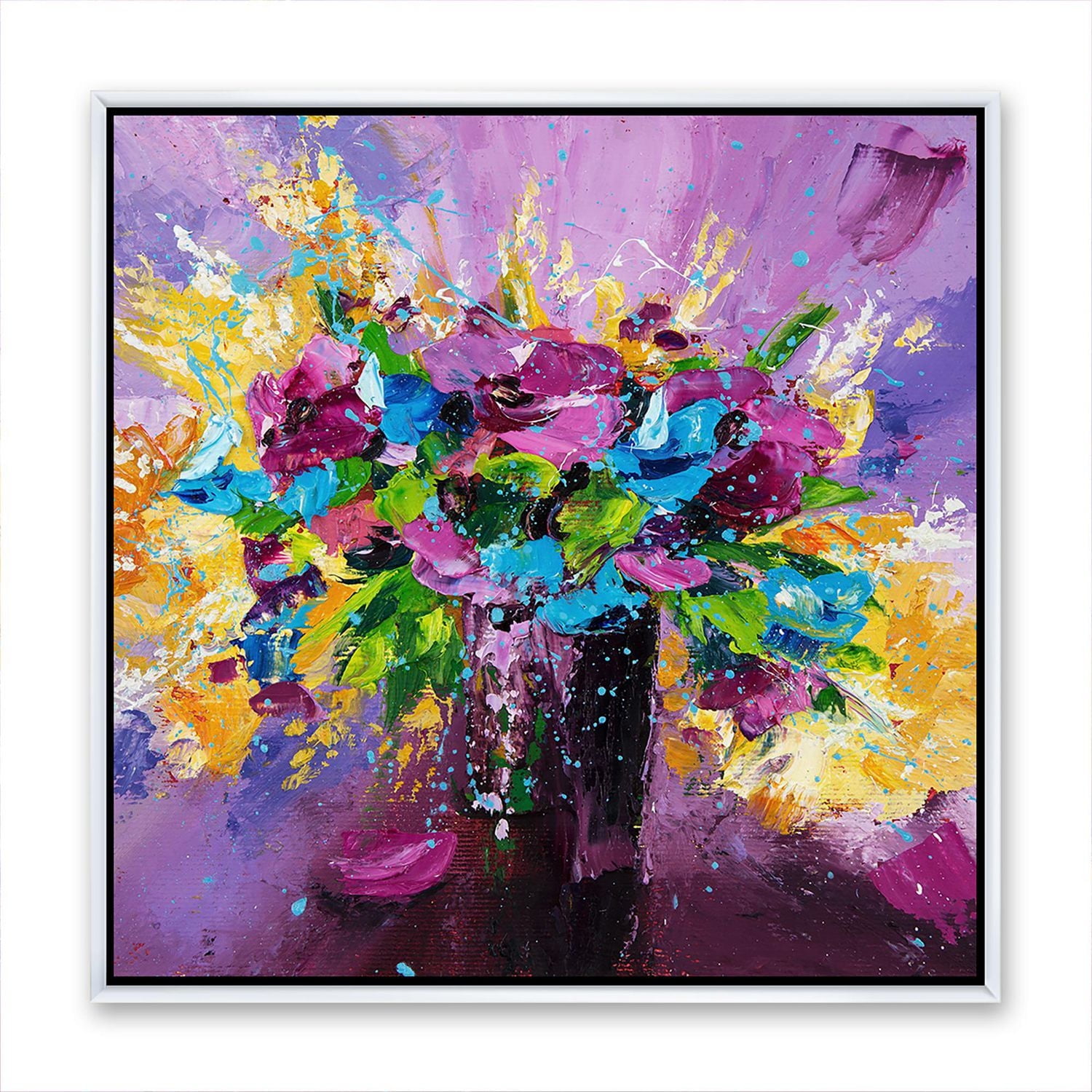 Designart Bouquet lumineux de fleurs de printemps sur fond violet ART MURAL À CADRE FLOTTÉ