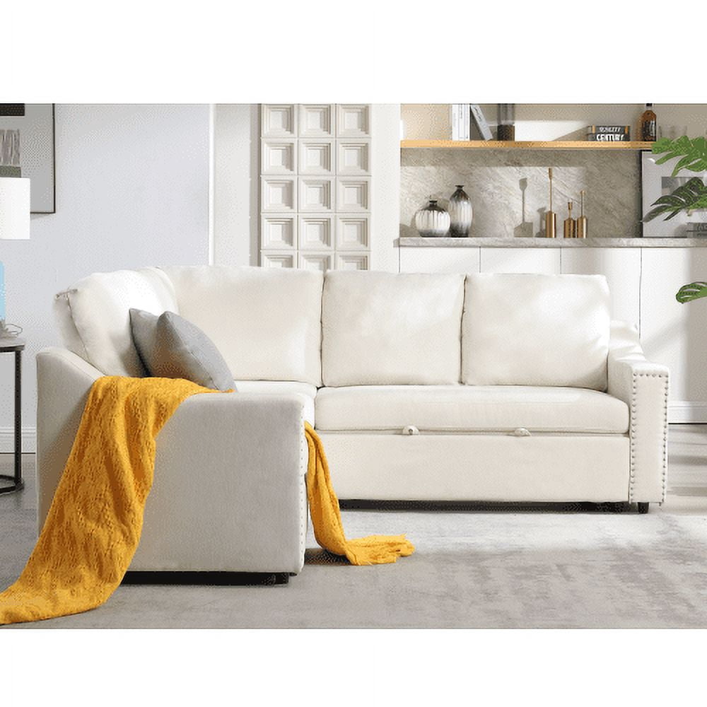 BSHTI L-Shaped Sofa with Pull-Out Sofa Bed,Corner Sofa,Living Room Furniture Set,Sleeper Sofa Bed,Corner Seat for Two with Broaching Sofa,Rivet DeChenille,Beige