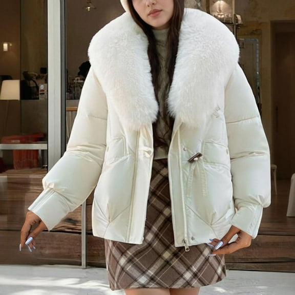 Gamivast Winter Coats for Women 2025 Faux Fur Collar Full Zip Casual Warm Jackets with Pockets Loose Solid Long Sleeve Trendy Winter Outerwear Winter Outfits for Women 2025