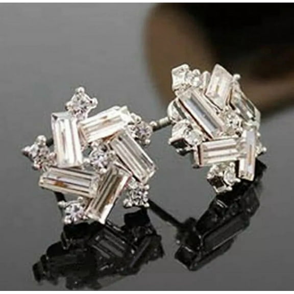 2Ct Baguette Real Moissanite Cluster Stud Earrings 14K White Gold Plated Silver