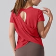 thumbnail image 2 of Yoga Workout Short Sleeve Tees for Women Crewneck Ruched Back Cutout Loose Tunic Tops Lightweight Quick Dry Athletic Shirts Activewear Red, 2 of 7