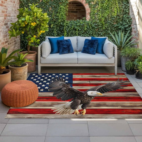 4th of July Outdoor Rug 3x5 ft Patriotic Eagle American Flag Outdoor Large Area Rug Non Slip Red White and Blue Front Door Mat RV Rug Carpet Patio Outdoor Rugs for Backyard Balcony Deck Porch Indoor