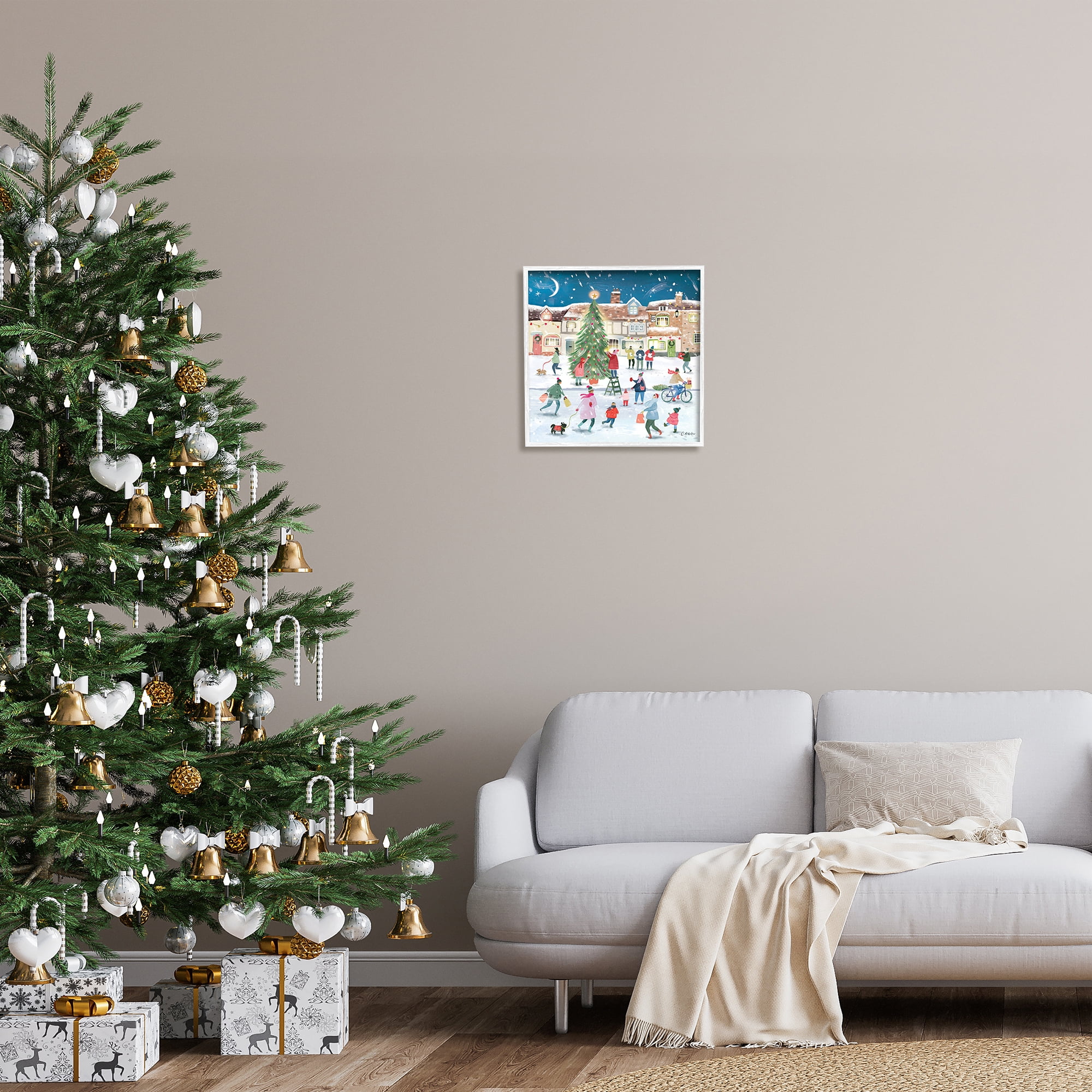Stupell Industries Christmas Tree Town Scene Holiday Painting White Framed Art Print Wall Art