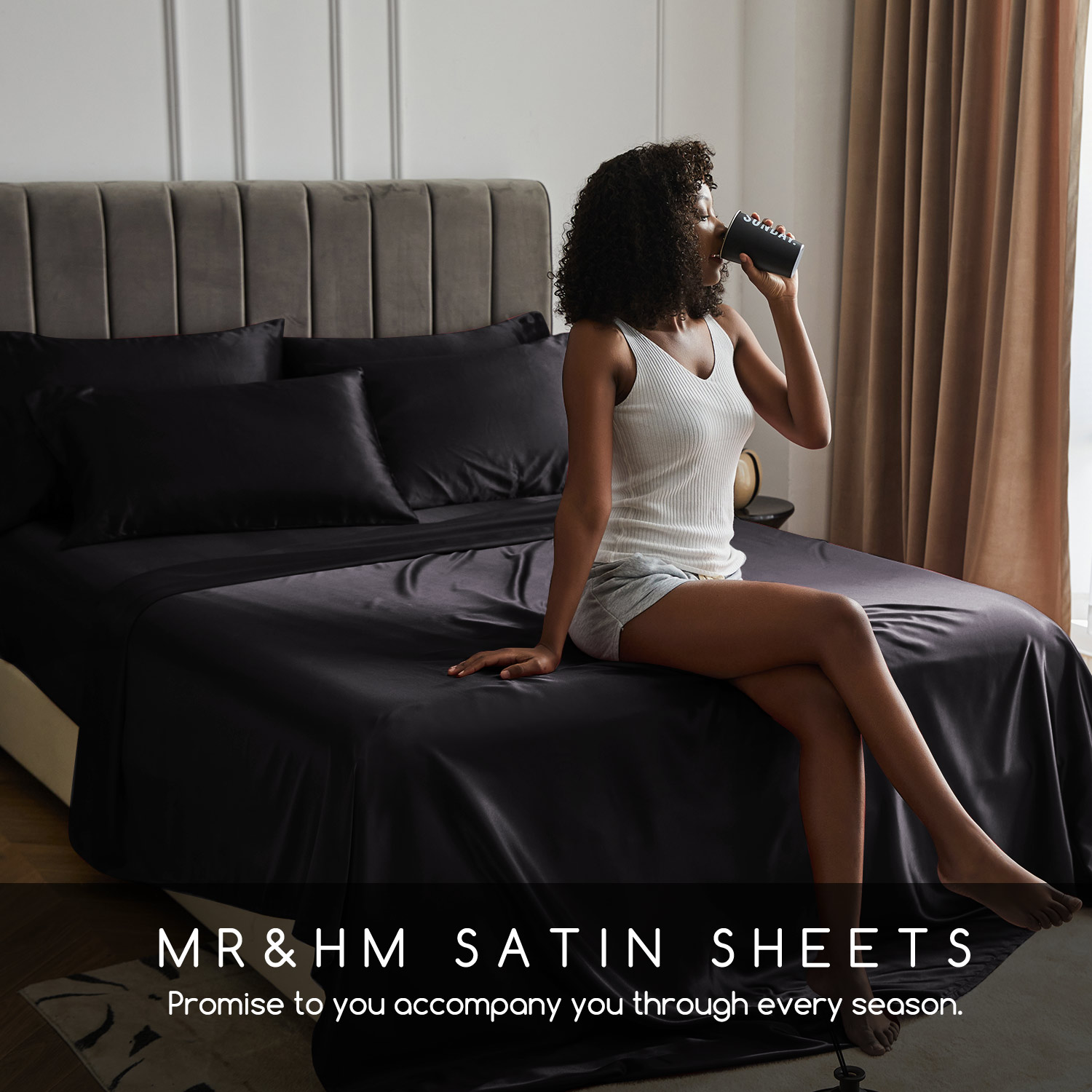 MR&HM 4-Piece Satin Queen Sheet Set, Black photo 6