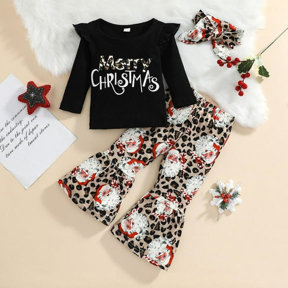 Lilgiuy Baby Girl Christmas Outfit Merry Christmas Letter Print Ruffle Long Sleeve Top Flare Pants Set Headband 3Pcs Winter Holiday Clothes Black(6M-4Y)