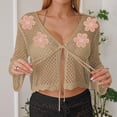 thumbnail image 2 of Tqyyweavej Bathing Suit Crochet Coverups for Women Hollow Out Print Tie Front Beach Cover Up Solid Color Long Sleeve Loose Swimsuit Cover Up, 2 of 7