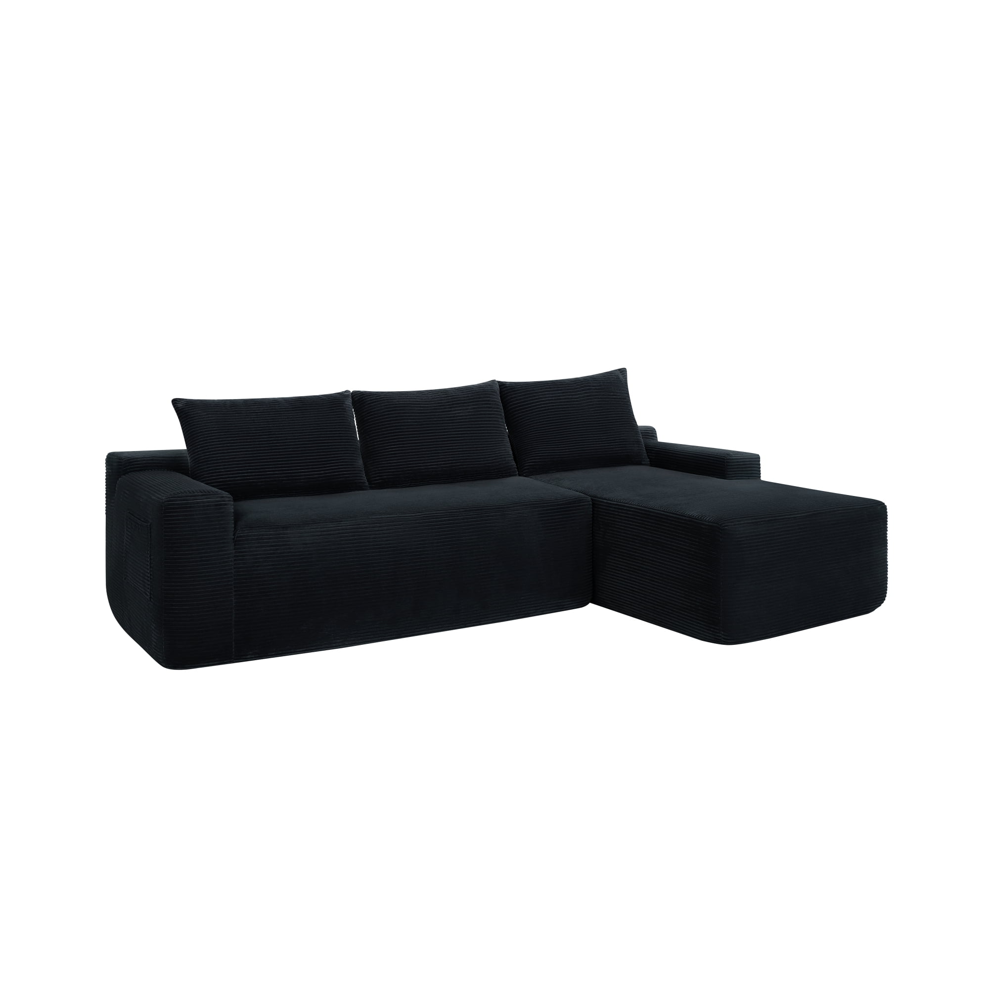 HOQBN 96.9" Boneless Modular Sectional Sofa with Chaise, L-Shaped Corduroy Cloud Sectional Couch with Deep Seat and Side Pockets, Upholstered 3 Seater Sofa Living Room, No Assembly, Black
