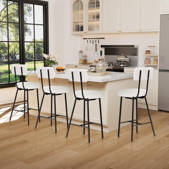 Counter Height Bar Stools Set with Round Upholstered Seat, Back and Metal Footrest, Modern Bar Chairs for Kitchen, Bistro, Pub and Dining Room Island, 4-Pack, Beige