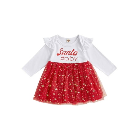 

Girl Christmas Dress Long Sleeve Crew Neck Santa Letter Print Shiny Star Layered Tulle A-Line Dress
