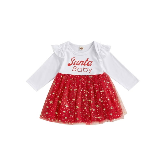 TSEXIEFOOFU Infant Baby Girl Christmas Dress Long Sleeve Round Neck Letter Shiny Star Print Tulle Patchwork A-Line Dress