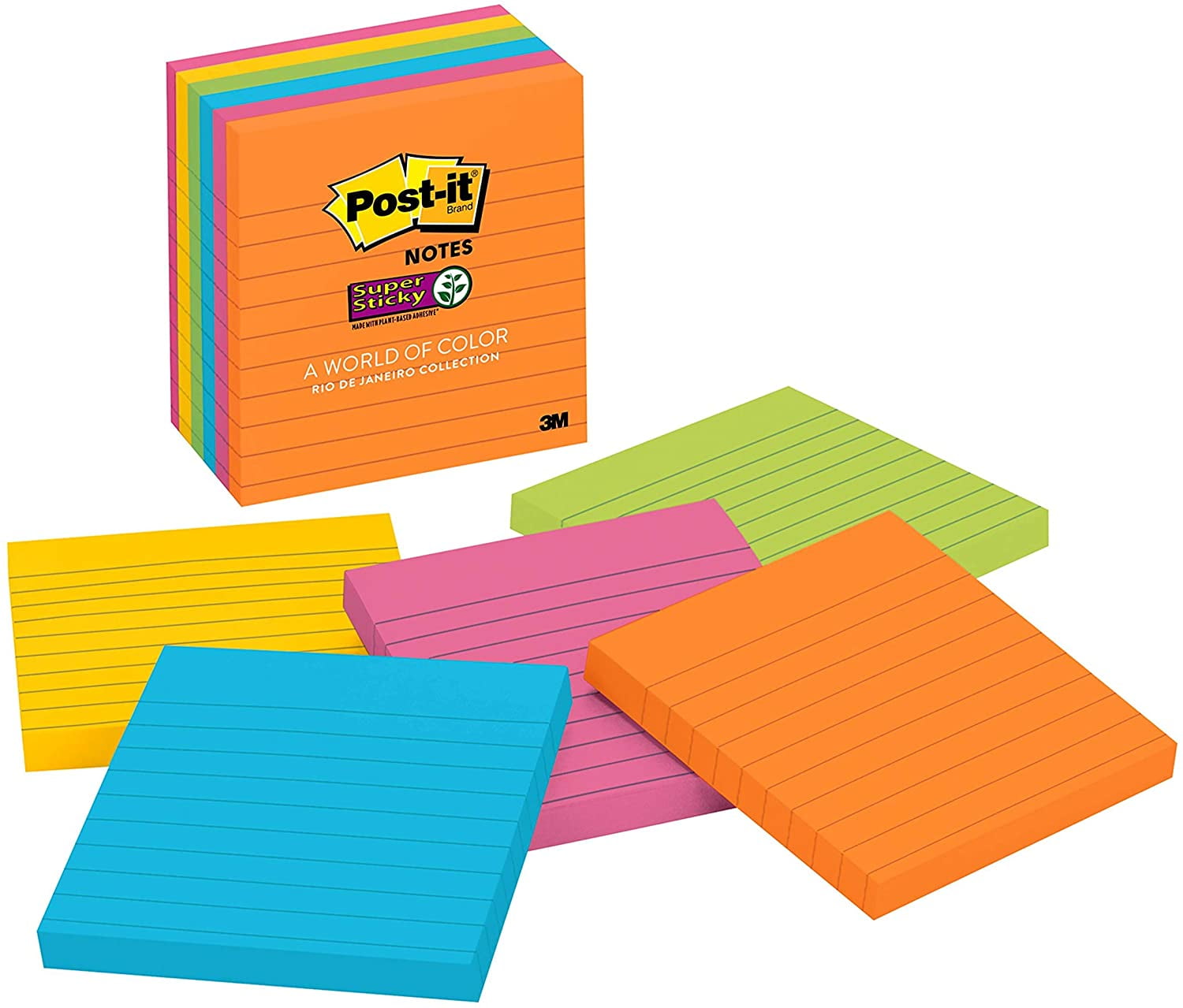 Rio de Janeiro Collection Bright Colors Orange, Pink, Blue, Green 8x6 in Recyclable Super Sticky Notes 2X The Sticking Power 4 Pads New