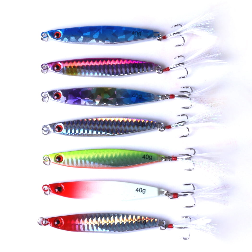 14pcs/set Lead Metal Jig Lure 14g-40g Spoon Bait Saltwater Fishing Feather Hook
