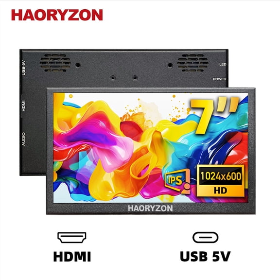 7 Inch Portable Secondary Monitor FHD 1024x600 IPS LCD Screen USB-C & HDMI with Dual Speakers for PC Laptop Raspberry Pi Nintendo Switch - Black
