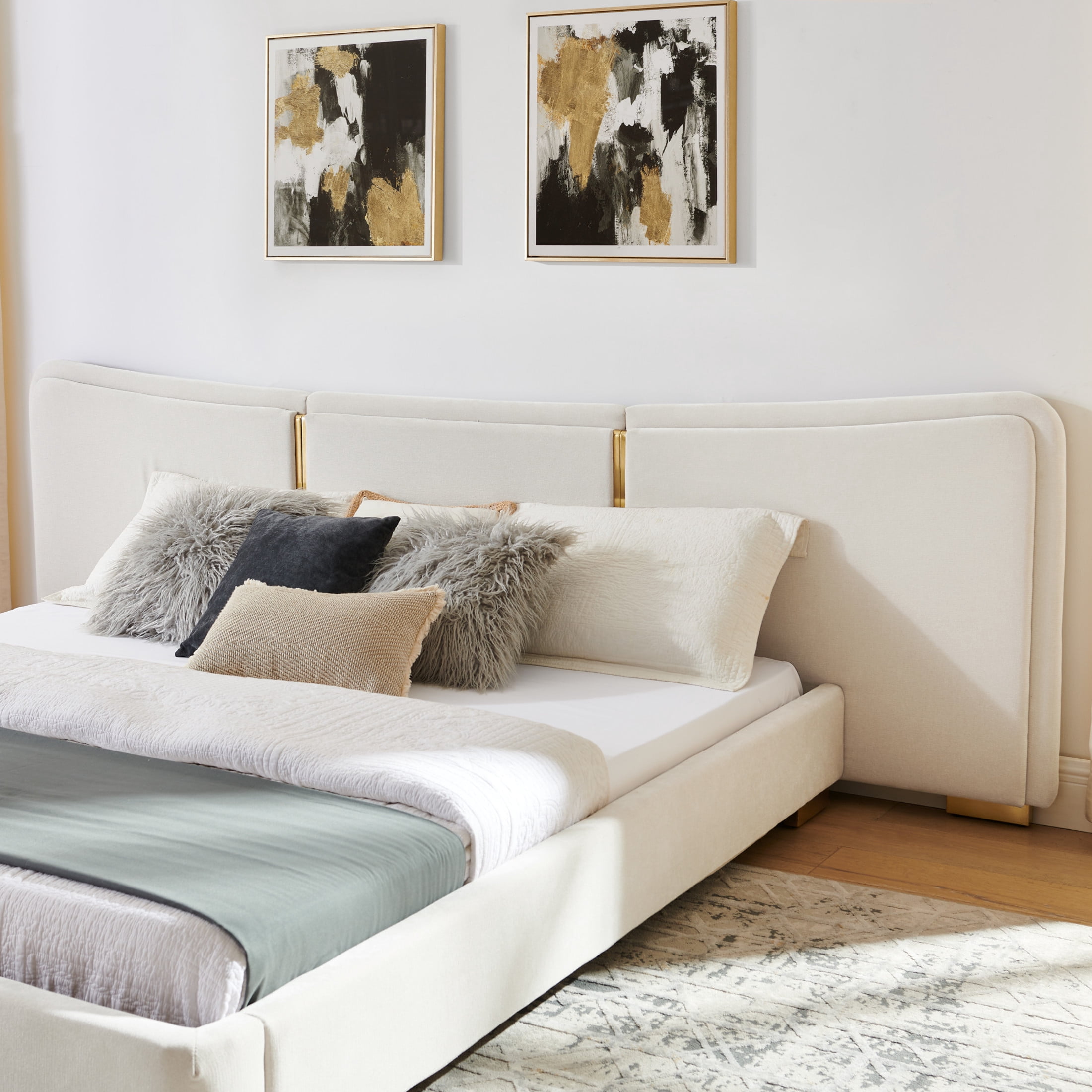 Noble House Zerra Queen Size Platform Bed, Chenille Upholstered Curved Headboard with Reinforced Metal Legs, Beige