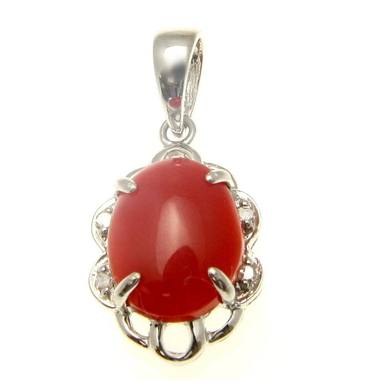 Geniune natural red coral diamond pendant set in solid 14k white gold 10.65mm by