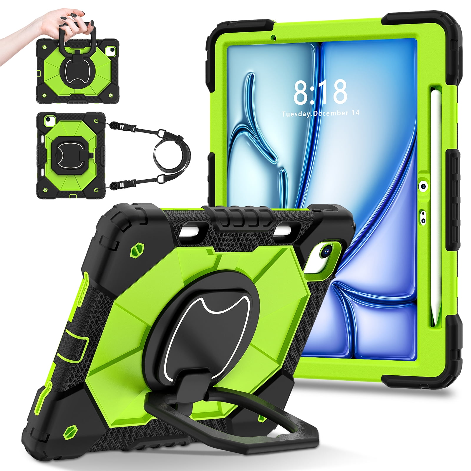 Dteck with Pencil Holder Case for iPad Air 13 inch 2025/2024,Heavy Duty Silicone Case 360 Degree Rotating Handle Stand Cover with Shoulder Strap for iPad Air 13-in. M3/M2,Black+Green