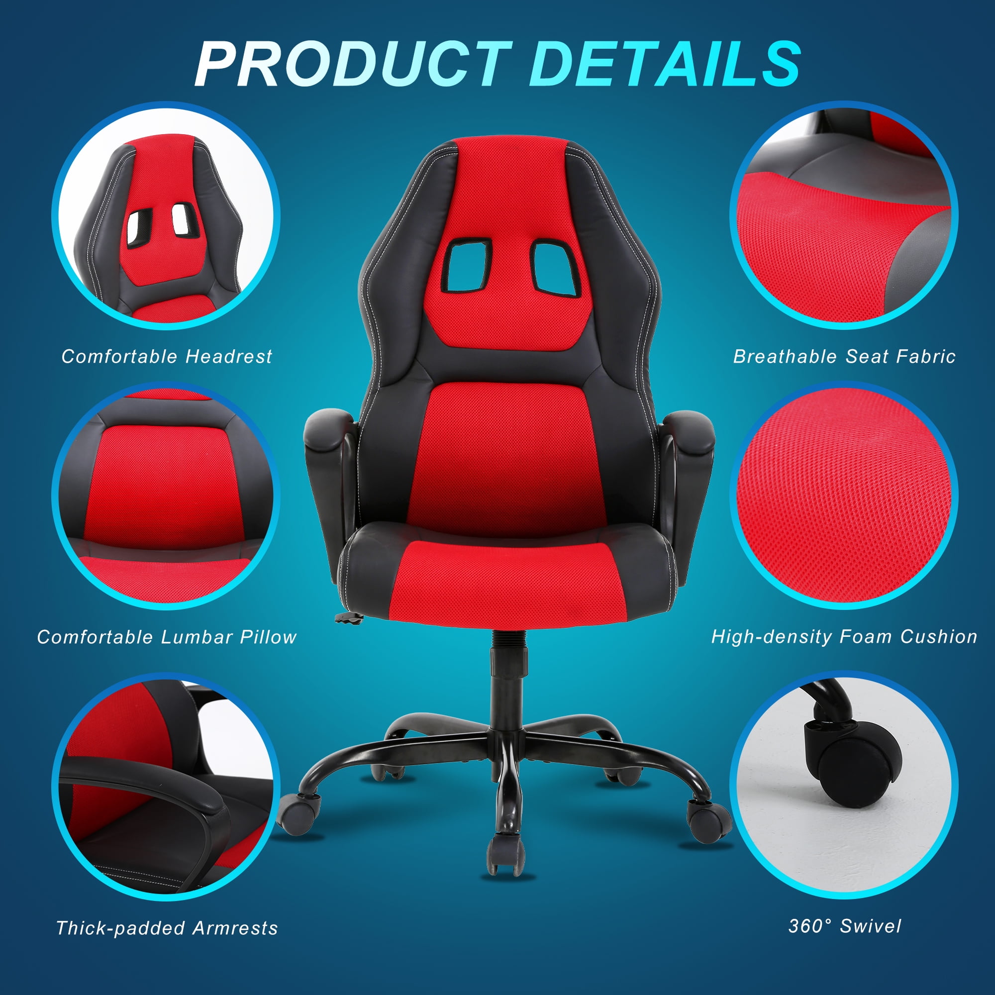 YRLLENSDAN Metal Faux Leather High Back Gaming Chairs with Lumbar Support, Red